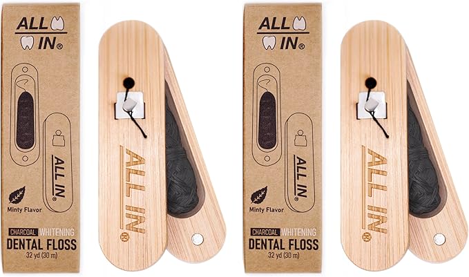 ALL IN Waxed Charcoal Floss with a Refillable Dental Floss Holder - Plant Based, No PFAS - Mint Floss for Effective Plaque Removal, Clean Teeth, Fresh Breath - 32 yd (2)