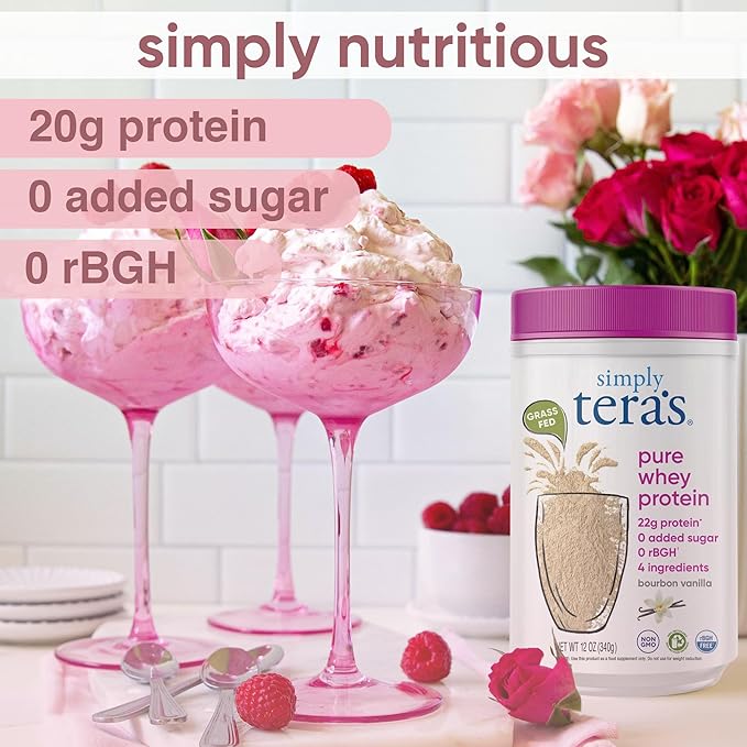 simply tera's Pure Whey Protein Powder - Grass Fed Vanilla Whey Protein Powder, Clean, Made Without Artificial Sweeteners, Non-GMO, Kosher, rBGH-Free, Soy-Free - 12 Oz