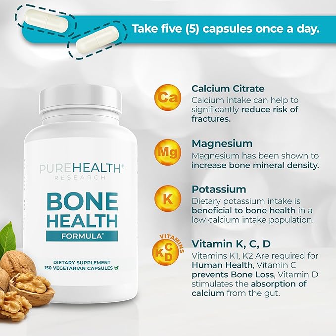 PUREHEALTH RESEARCH Bone Health Formula Calcium & Magnesium Supplement - with Iron, Zinc, Copper, Vitamin D, C, K2 & More - Bone & Joints Vitamins for Women & Men, 150 Capsules