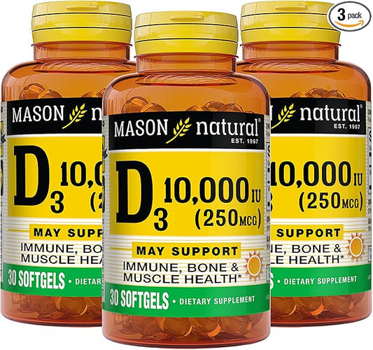 MASON NATURAL Vitamin D3 250 mcg (10000 IU), May Support Bone and Immune Health, from Corn Oil, 30 Softgels (Pack of 3)