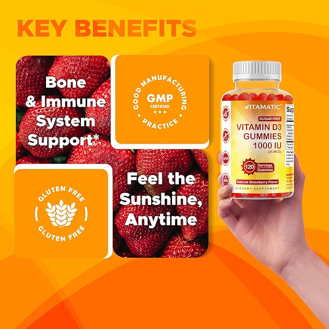 Vitamatic Sugar Free Vitamin D3-120 Pectin Based Gummies - Great Taste - Healthy Bones, Mood & Immune System Function - Non-GMO - 120 Servings (1000 IU)