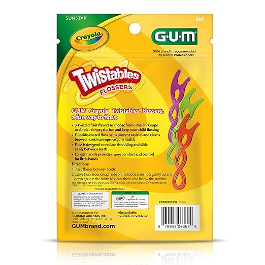 GUM Crayola Twistables Kids Flossers with Fluoride - Designed for Little Hands - Three Fun Fruit Flavors - Easy to Use Kids Floss Picks for Children Ages 3+, 75 Count