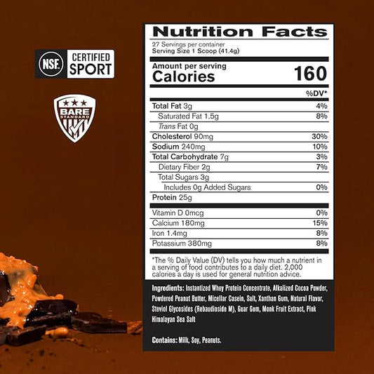 BARE PERFORMANCE NUTRITION, BPN Whey Protein + Casein Protein Powder Blend, Chocolate Peanut Butter, 25g Protein per Serving Supports Lean Muscle Recovery, 27 Servings, Third Party Tested