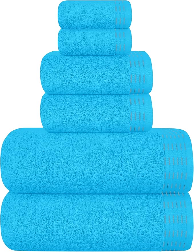 Ultra Soft 6 Pack Cotton Towel Set, Contains 2 Bath Towels 28x55 inch, 2 Hand Towels 16x24 inch & 2 Wash Coths 12x12 inch, Ideal Everyday use, Compact & Lightweight - Turquoise Blue