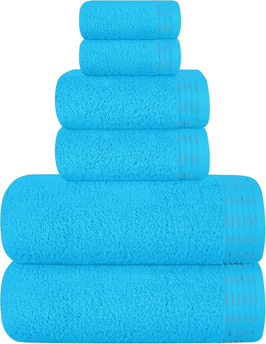 Ultra Soft 6 Pack Cotton Towel Set, Contains 2 Bath Towels 28x55 inch, 2 Hand Towels 16x24 inch & 2 Wash Coths 12x12 inch, Ideal Everyday use, Compact & Lightweight - Turquoise Blue