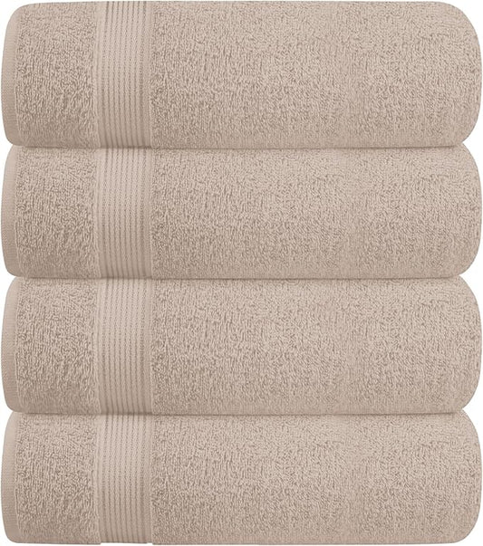 BELZZI Home Ultra Soft 4 Pack Oversized Bath Towel Set 27x54, Cotton Compact Bath Towels, Highly Absorbant Eco-Friendly Quickdry & Lightweight Towel, Ideal for Gym Travel Camp Pool - Tan