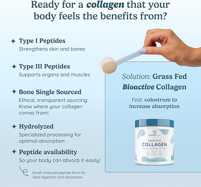 WONDERCOW Collagen Peptides Powder w/Bovine Colostrum, Naturally-Sourced Hydrolyzed Bone Collagen Powder, Hair Skin Nail & Joint Support,Type I & III Grass-Fed Collagen Supplements for Women & Men