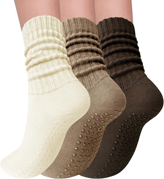 3 Pairs Pilates Socks with Grips for Women Yoga Slouch Grippy Socks for Barre Workout Hospital