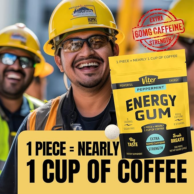 Viter Energy 60mg Caffeine Gum (Peppermint Flavor, 180 Pieces) - Sugar Free, Vitamin B3, B6, B9, B12, Zero Calories, Caffeinated Energy Chews, Nootropic Focus Supplement for Men & Women