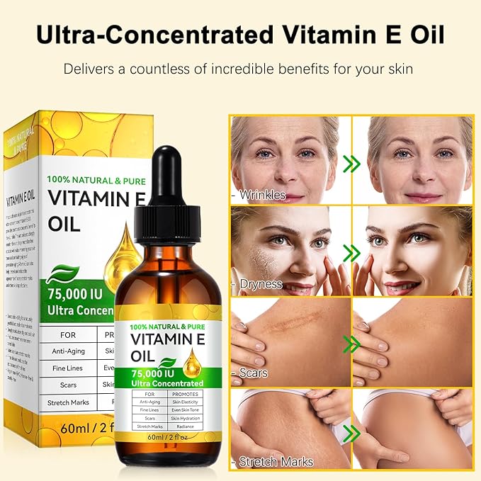 WHLH & WELL-BEING Pure Vitamin E Oil for Skin Face Hair Scars, Blend 75,000 IU, Moisturizing Dry Skin Winkles Hair and Scalp Pack of 1