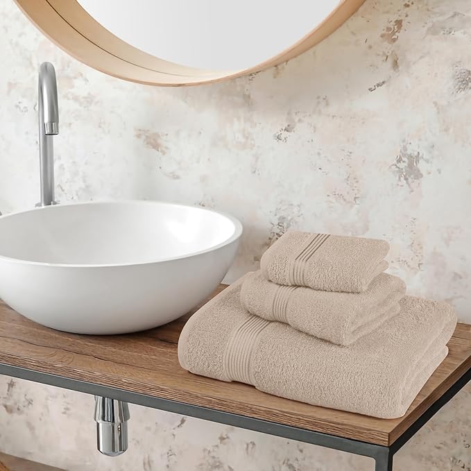 Belizzi Home Ultra Soft 3 Pack Cotton Towel Set, Contains a Bath Towel 28x55 inch, a Hand Towel 16x24 inch & a Wash Coth 12x12 inch, Ideal Everyday use, Compact & Lightweight - Tan