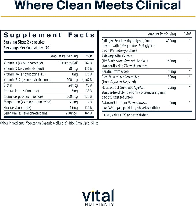 Vital Nutrients Hair Growth Vitamins Complex for Women | Hair Growth Supplement Supports Fuller, Thicker, Stronger with Keratin, Ashwagandha, Hops and Biotin | Vegan, Dairy, Gluten Free | 60 Count