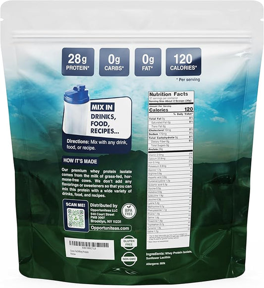 Opportuniteas Grass Fed Whey Isolate Protein Powder - Unflavored 28g Protein Powder Without Artificial Sweeteners, Hormone-Free Cows, Non GMO - 2.5lb
