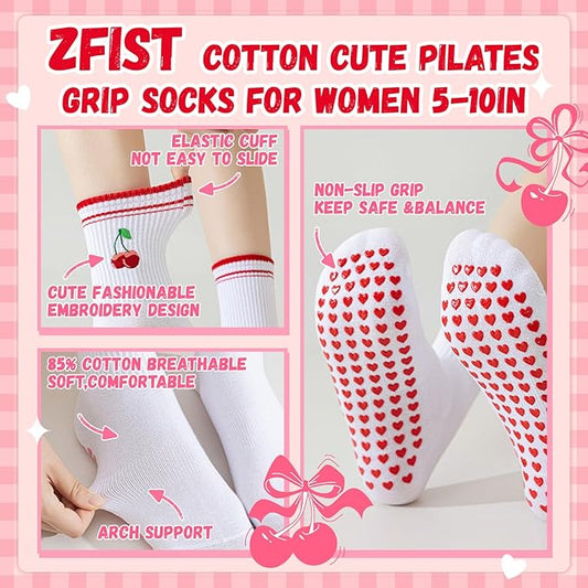 ZFiSt Pilates Socks with Grips for Women,4Pairs Ruffle Yoga Sock Cute Cotton Grippy Socks for Barre Workout Non Slip 5-10in