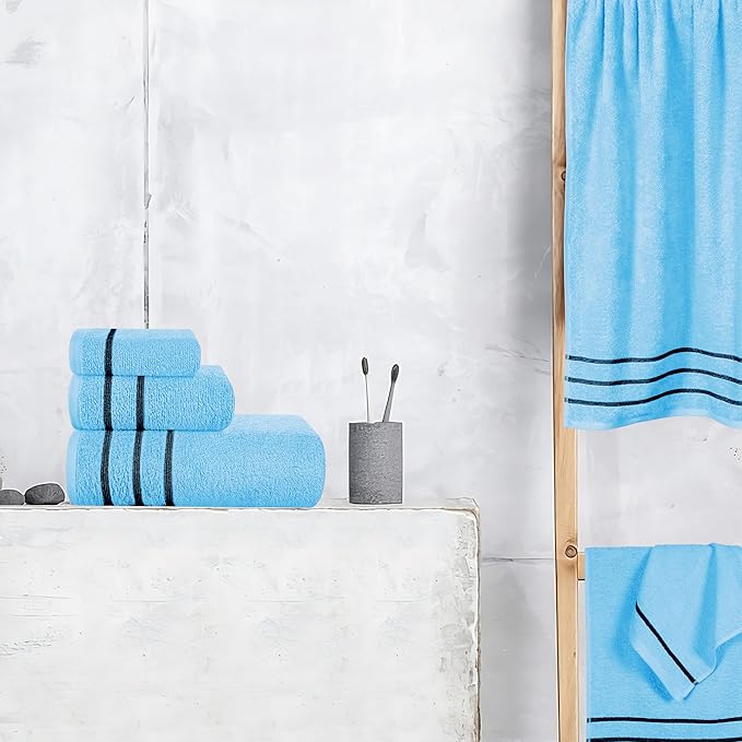 MyOwn Ultra Soft 6 Pack Cotton Towel Set, Contains 2 Bath Towels 28x55 inch, 2 Hand Towels 16x24 inch & 2 Wash Coths 12x12 inch, Ideal Everyday use, Compact & Lightweight - Sky Blue, 71640