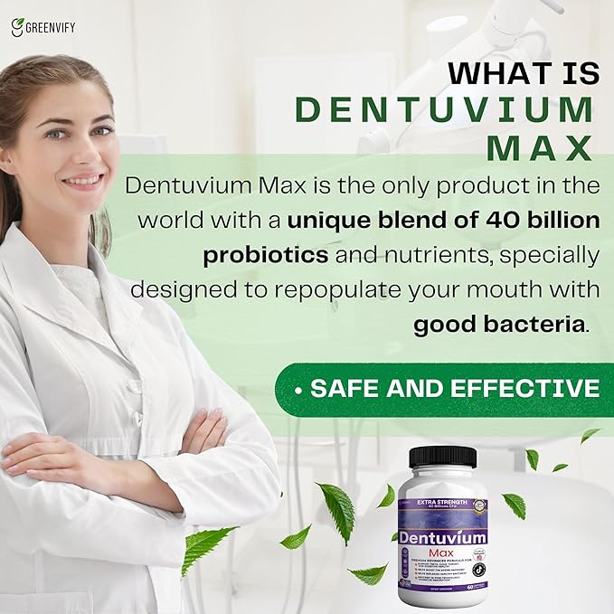 Dentuvium Max Probiotic Supplement - 40 Billion CFU - Supports Teeth Gums Throat Digestive Health - Gluten Free Sugar Free Non-GMO - 60 Capsules (5)