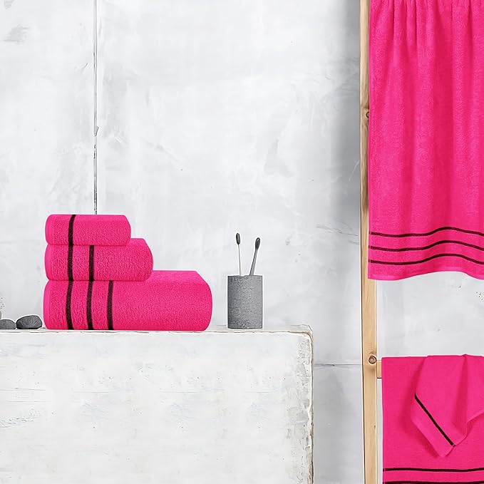 MyOwn Ultra Soft 6 Pack Cotton Towel Set, Contains 2 Bath Towels 28x55 inch, 2 Hand Towels 16x24 inch & 2 Wash Coths 12x12 inch, Ideal Everyday use, Compact & Lightweight - Hot Pink, 71654