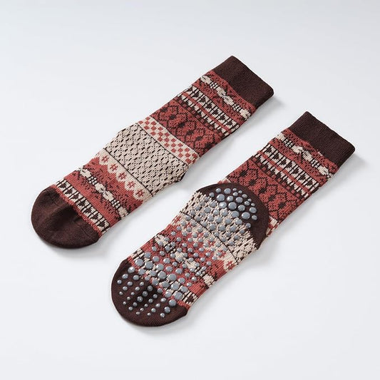 Yoga Pilates Socks with Grips for Women Knit Patterned Non Slip Cushioned Crew Socks for Barre Ballet Dance