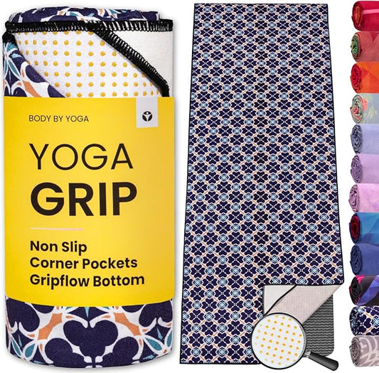 Yoga Grip Yoga Towel - Non Slip Hot Yoga Mat Towel With Corner Pockets, No-Skid Grip, and Built-in Alignment Lines | Soft, Moisture Wicking, and Sweat Absorbent | No Bunching, Stays in Place 72" x 25"