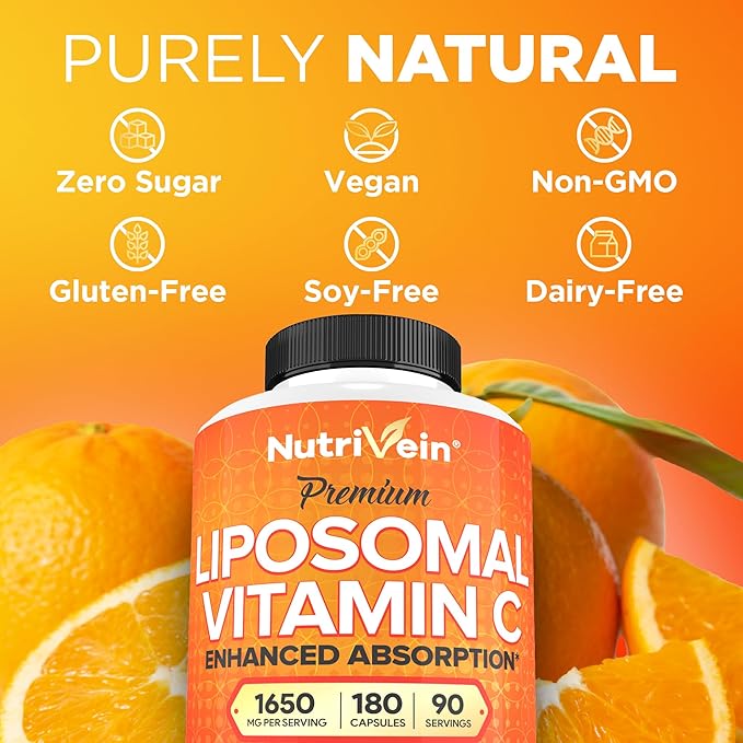 Nutrivein Premium Liposomal Vitamin C Supplement 1650mg - 180 Caps: High-Absorption Vitamin C Capsules for Whole-Body & Overall Well-Being