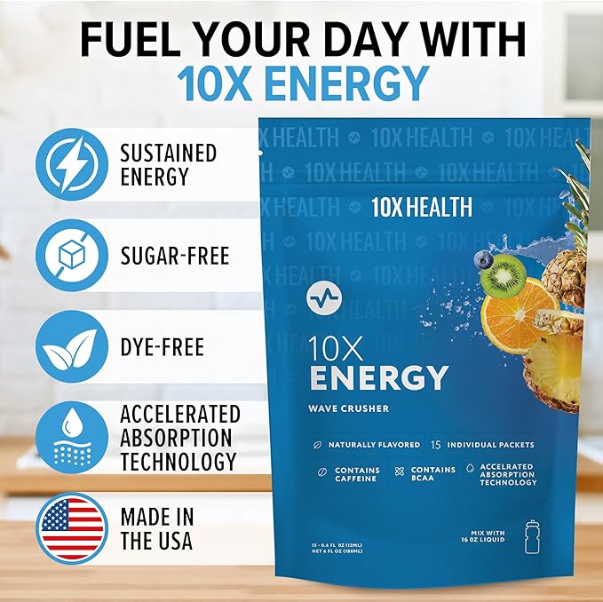 10X Health - Energy Wave Crusher - Energy Drink with 200mg Caffeine, BCAAs, B Vitamins, Accelerated Absorption - Tropical Punch Pre-Workout Drink - 15 Drink Mix Packets (Wave Crusher - Energy)
