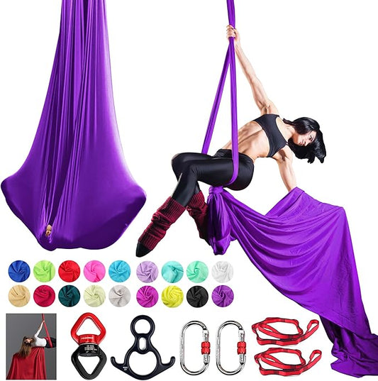 Aerial Silk Set, Premium 9Yards/8.2m Medium Stretch Fabric Silks, Perfect for AntiGravity Hammock Yoga Training & Dance Circus Performances Includes Hardwares & Daisy Chains
