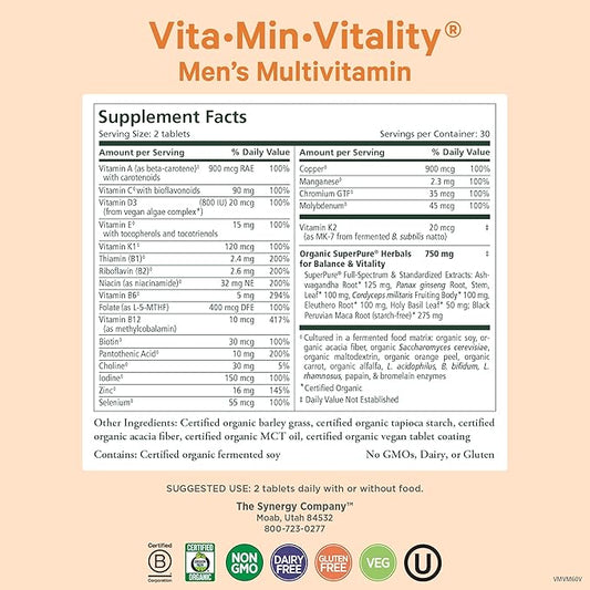 PURE SYNERGY Vita·Min·Vitality | Natural Multivitamin for Men | Men’s Daily Multivitamin Made with Organic Whole Foods | for Energy, Stress, and Immune Support (60 Tablets)