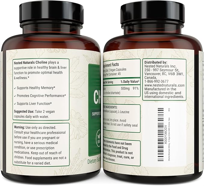Nested Naturals Choline Bitartrate 500mg - High Potency Choline Supplements - Supports Maternal & Fetal Health During Pregnancy* - 100% Vegan & Non-GMO - 2-Pack (180 Vegan Capsules)