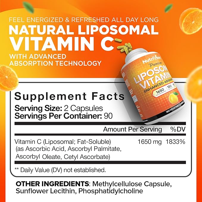 Nutrivein Premium Liposomal Vitamin C Supplement 1650mg - 180 Caps: High-Absorption Vitamin C Capsules for Whole-Body & Overall Well-Being