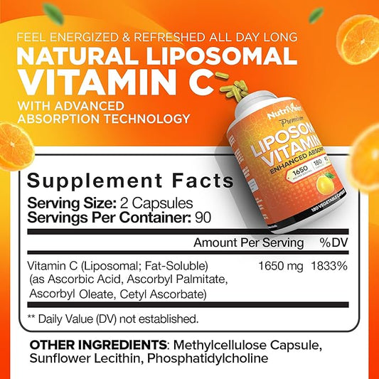 Nutrivein Premium Liposomal Vitamin C Supplement 1650mg - 180 Caps: High-Absorption Vitamin C Capsules for Whole-Body & Overall Well-Being