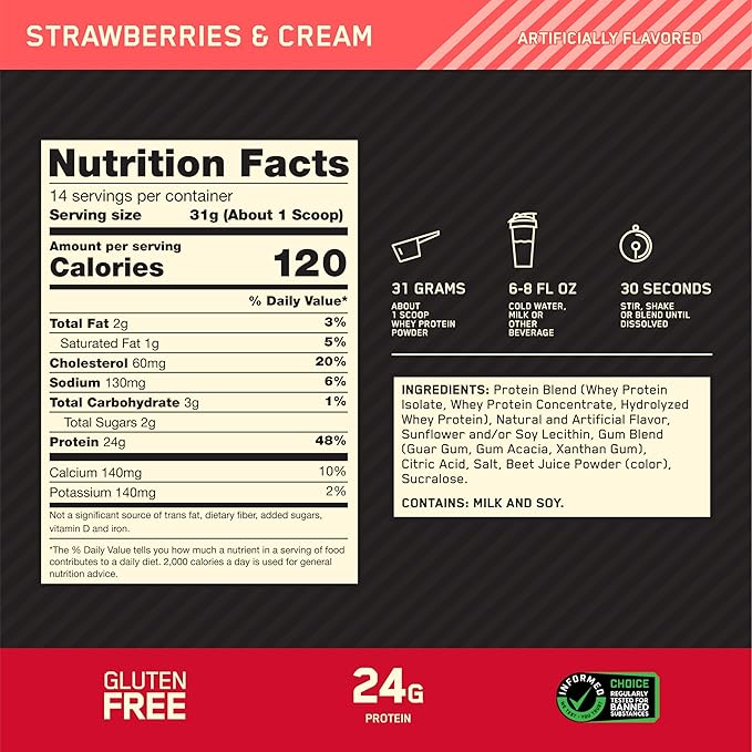 Optimum Nutrition Gold Standard 100% Whey Protein Powder, Strawberries and Cream, 1 Pound (Pack of 1)