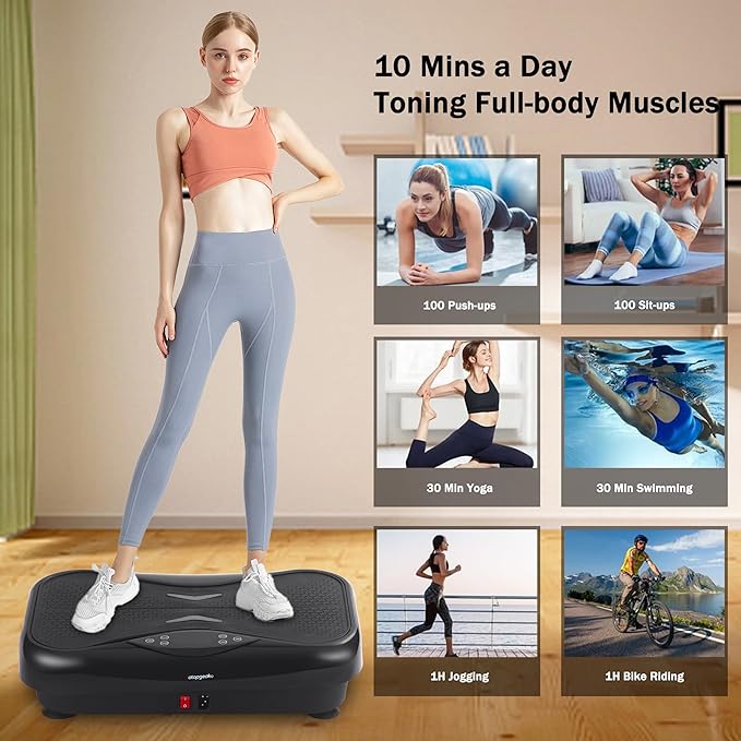 Whole Body Vibration Plate Exercise Machine – Power Vibrating Plate for Lymphatic Drainage Weight Loss, Shake Plate Exercise Platform with Touch Screen & Resistance Bands, Equipment for Women Men