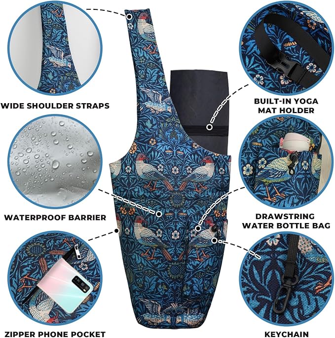 Yoga Mat Bag Carrier for Women Workout Large Waterproof with Zipper Pocket, Keychain and Wide Shoulder Straps
