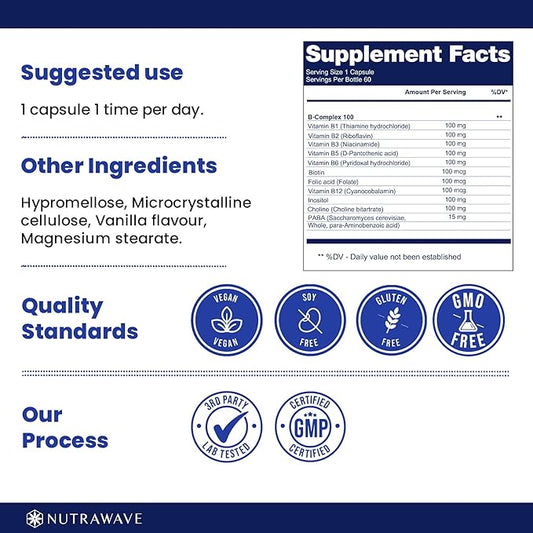 VITAMIN B COMPLEX 100 High Potency, 9 Complete B’s - B1- B12 for Men & Women, Reduce Stress, Immune Support, Hair, Skin, Supports Energy Levels & Brain Function Vegan - 60 Capsules/ 60 Day Supply