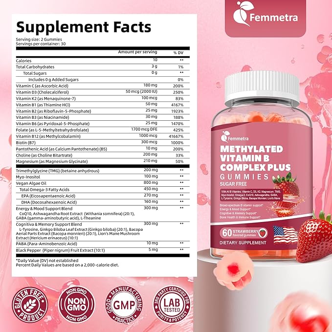 Ultra Methylated Vitamin B Complex Sugar Free Gummies - All B Vitamins + Vitamin C D3 K2 Ashwagandha Magnesium Omega 3 CoQ10 & More for Women Men - Methyl Vitamin B12, B1, B2, B3, B5, B6, B7 & B9