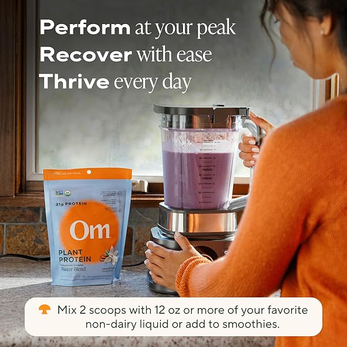 Om Master Blend Vegan Protein Powder, Vanilla, 21g of Plant Protein - Organic Mushroom Supplement with 10 Mushroom Complex, Ashwagandha, BCAAs and Vitamin B12-1.14 lb. (16 Servings)