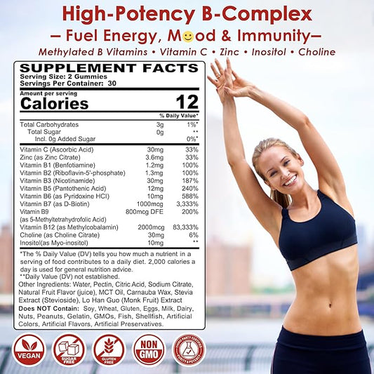 Vitamin B Complex Gummies, Vegan Vitamin B Gummies with 2000 mcg Methyl B12, Methyl Folate | Plus Choline + Inositol, Vitamin C + Zinc for Supports Energy, Mood, Immune, Healthy Hair, Skin - 60 Cts