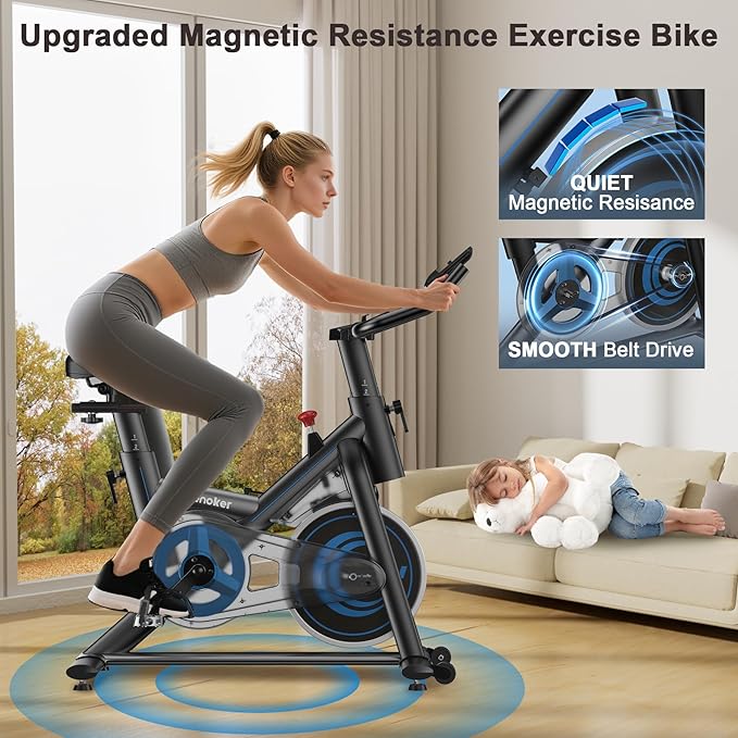 Exercise Bike for Home, 350LB Magnetic Resistance Indoor Cycling Bike, Silent Stationary Bike with App Sync, Adjustable Seat, LCD Monitor, Smooth & Quiet for Cardio Workout