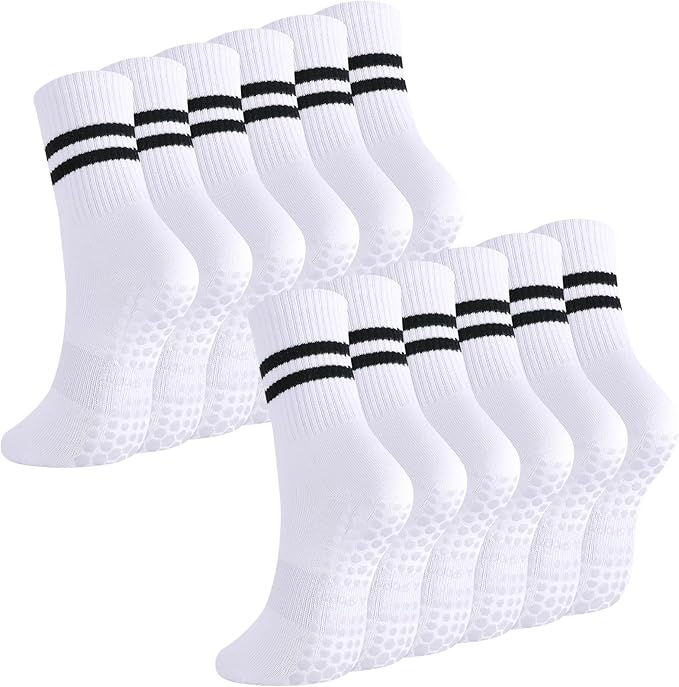 Jspupifip 6 Pairs Grip Pilates Socks Women, Non Slip Yoga Stripe Grippy Crew Breathable Cotton Socks for Ballet Dance