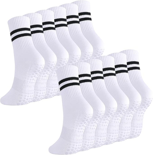 Jspupifip 6 Pairs Grip Pilates Socks Women, Non Slip Yoga Stripe Grippy Crew Breathable Cotton Socks for Ballet Dance