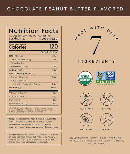 Truvani Organic Whey Protein Powder | Chocolate Peanut Butter | 20g Grass Fed Whey Protein | 20 Servings | USDA Organic & Non-GMO | Gluten Free | No Gums, No Soy, No Stevia, No Added Sugars