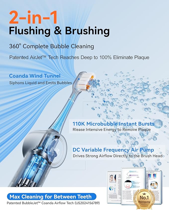 RANVOO [Vibrating & Flossing 2-in-1] AirJet Bubble Sonic Electric Toothbrush, 100% Plaque Removal, White for Adult Protect Gum Orthodontic Teeth Clean Rechargeable Gift with 2 Soft Brush Heads Grey