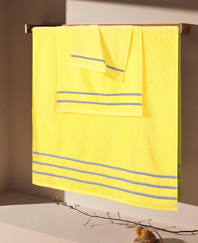 MyOwn Ultra Soft 3 Pack Cotton Towel Set, Contains a Bath Towel 28x55 inch, a Hand Towel 16x24 inch & Wash Coth 12x12 inch, Ideal Everyday use, Compact & Lightweight - Lime Yellow, 71671