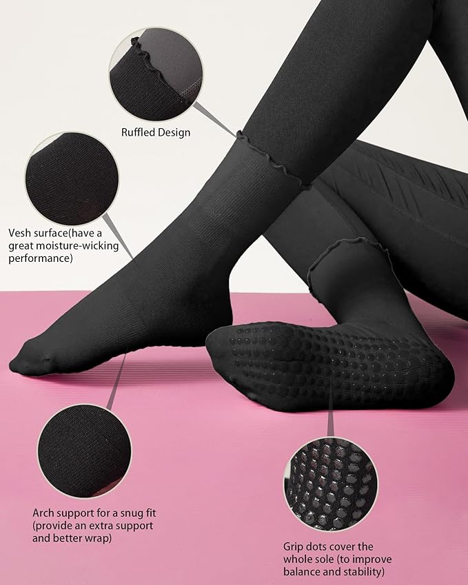 REACH STAR 4 Pairs Pilates Socks with Grips Non Slip Ruffle Yoga Grip Socks for Women