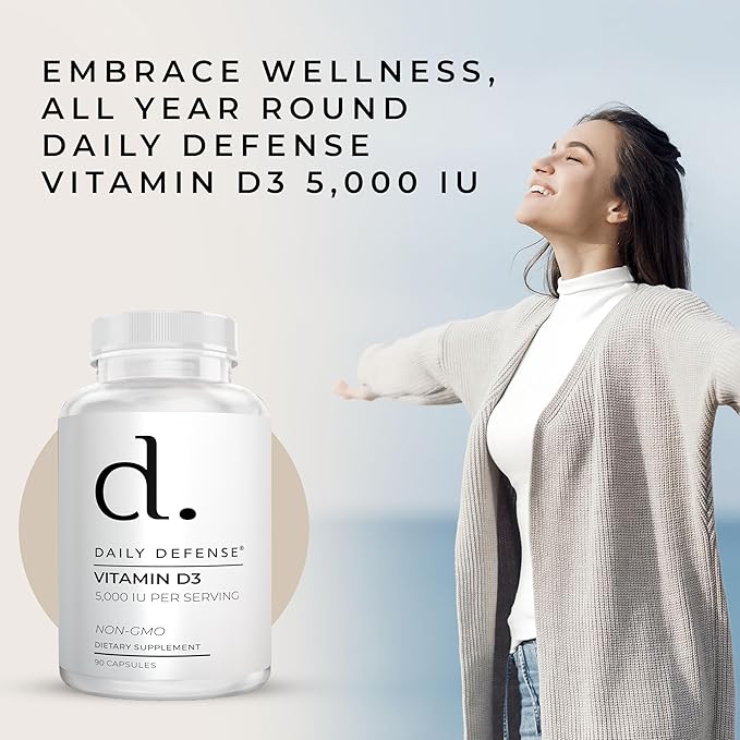 Immune Defense Supplements Vitamin D3 5000 IU for Heart Health, Daily Immune Support, Mental Clarity, & Muscle Function - 90 Vitamin D Supplements