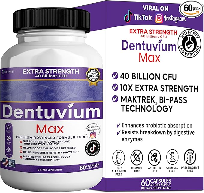 Dentuvium Max Probiotic Supplement - 40 Billion CFU - Supports Teeth Gums Throat Digestive Health - Gluten Free Sugar Free Non-GMO - 60 Capsules (1)