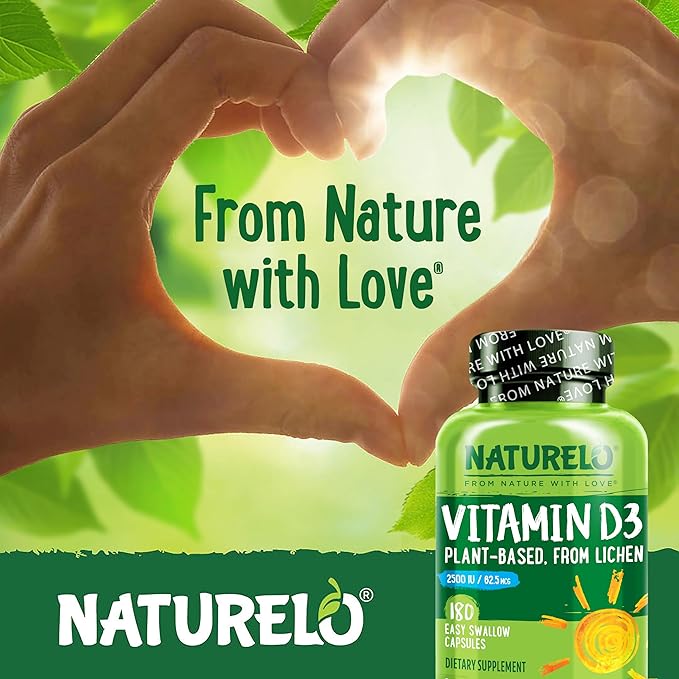 NATURELO Vitamin D - 2500 IU - Plant Based from Lichen - Natural D3 Supplement for Immune System, Bone Support, Joint Health - Vegan - Non-GMO - Gluten Free - 180 Capsules