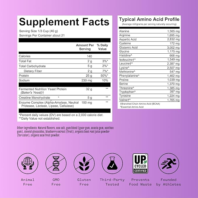 25g Acai Protein + 5g Creatine Powder, Vegan Plant-Based Protein with Digestive Enzymes to Build & Recover, 21 Servings