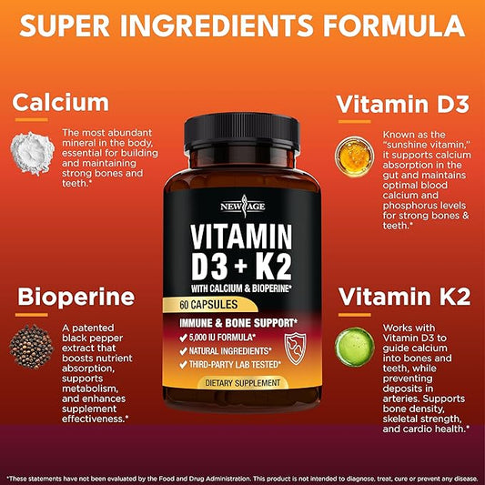 Vitamin D3 5,000 IU + K2 MK-7 100 mcg - 2-in-1 Bone, Immune & Heart Support, Easy to Swallow, Non-GMO - 60 Capsules