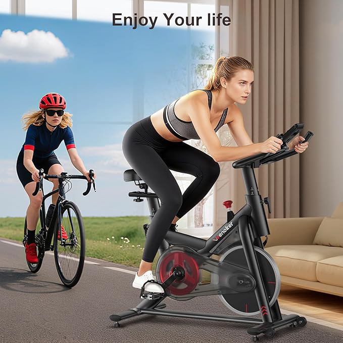 Exercise Bike, Stationary Bike for Home, App Compatible, 350lb Capacity, Comfortable Adjustable Seat, Digital Display & Pad Holder, Quiet Ride
